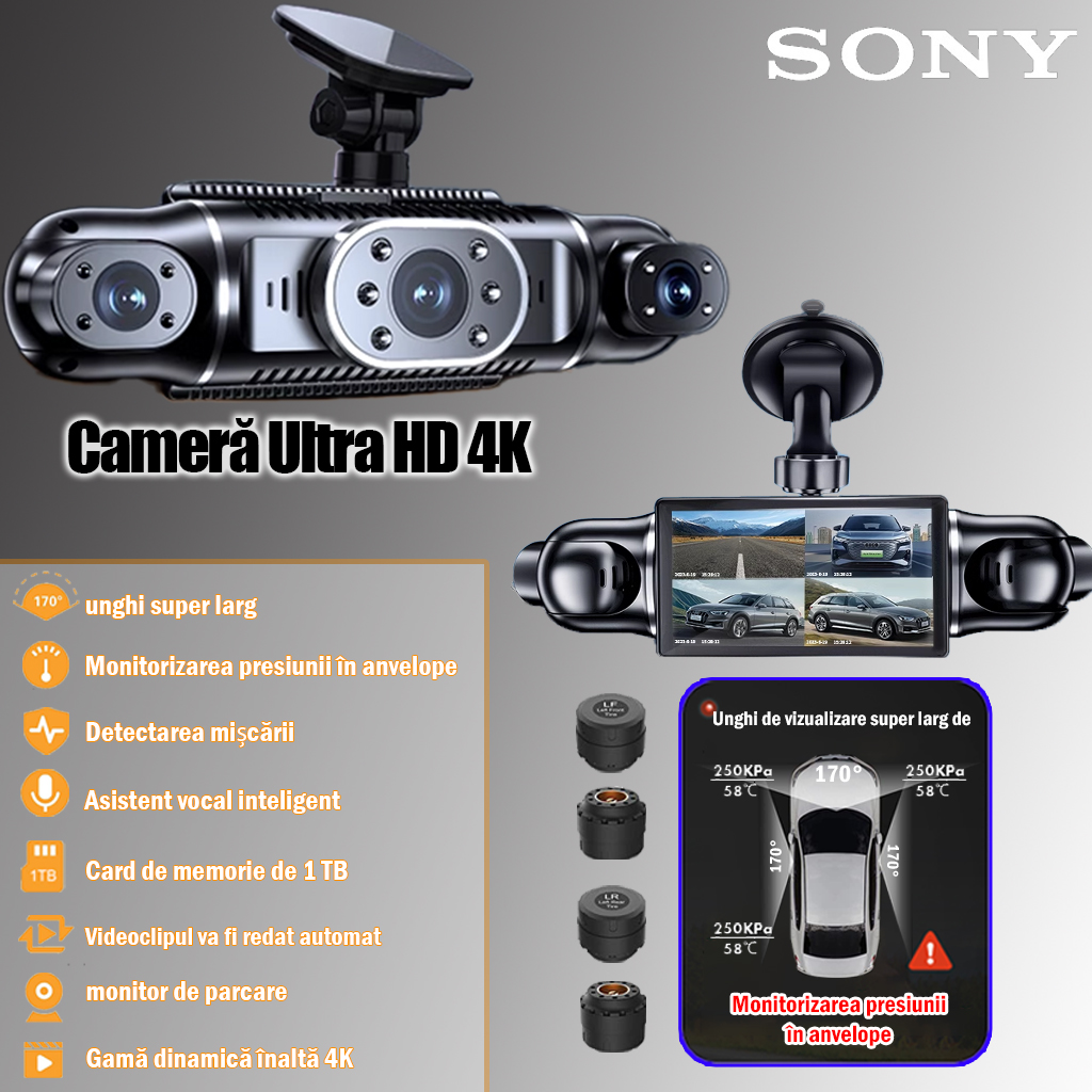 Gazdă de înregistrare a condusului Sony 4K + serviciu de asistență rutieră*2 (fără limită de timp, disponibil în orice moment) + întreținere auto*1 (disponibil în orice moment) + asistent vocal inteligent Sony + poziționare GPS + monitorizare presiunii în pneuri + card memorie 1 TB + accesorii