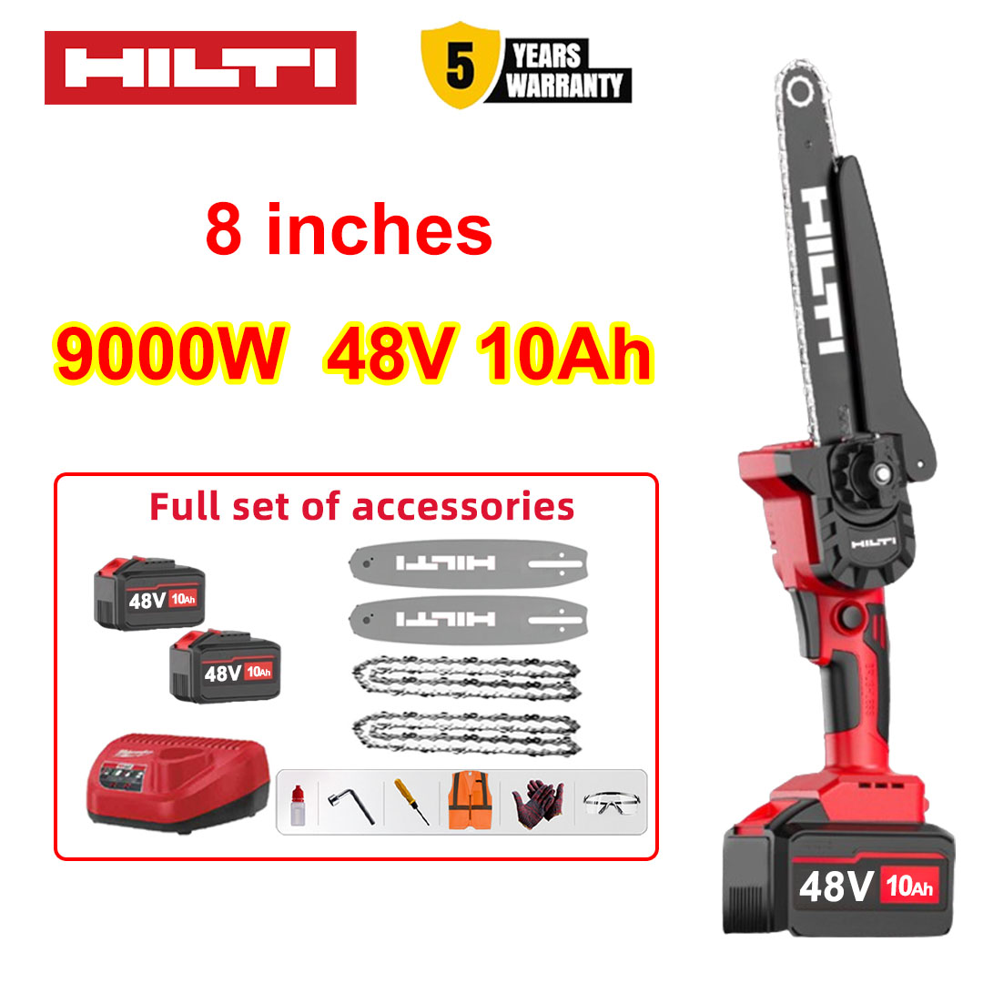 8 Inch Brushless Lithium Electric Saw, 9000w Power, 48v10Ah Battery*2, Charger, Guide Plate*2, Chain*2, Tool Box, Protective Tool Set, Five Years Warranty