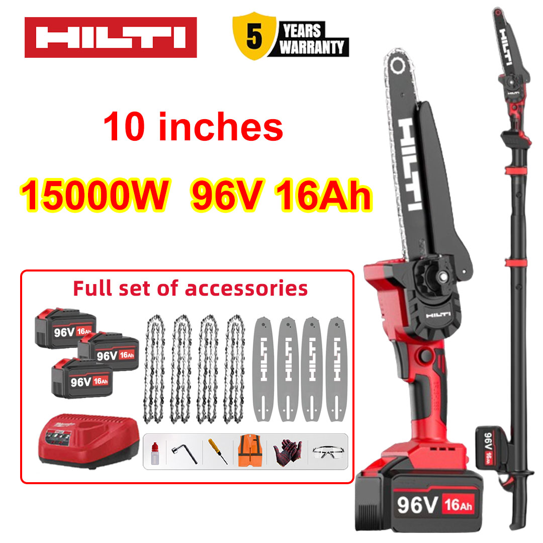 10 Inch Brushless Lithium Electric Saw with Telescopic Pole, 4 Section Telescopic Pole, 15000w Power, 96v16Ah Battery*3, Charger, Guide Plate*4, Chain*4, Tool Box, Protective Tool Set, Five Years Warranty